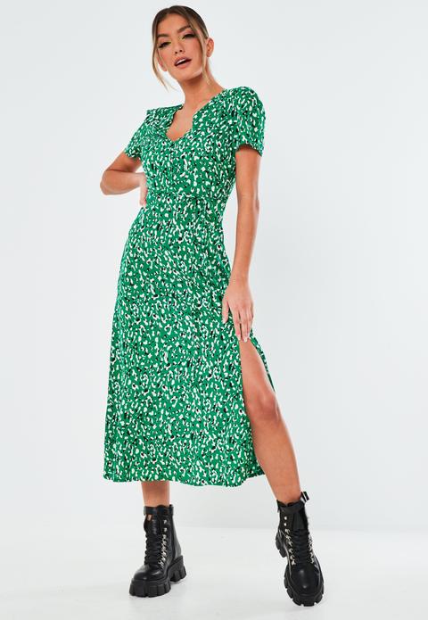 Robe Mi-longue Verte À Imprimé Léopard Boutonnée
