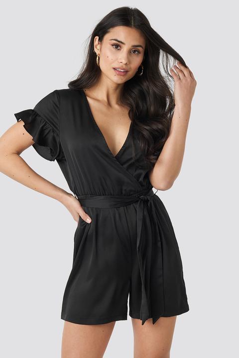 Frill Sleeve Printed Playsuit Schwarz