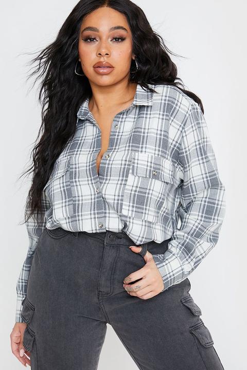 Grey Shirts - Plus Size Lottie Tomlinson Grey Check Cargo Pocket Shirt