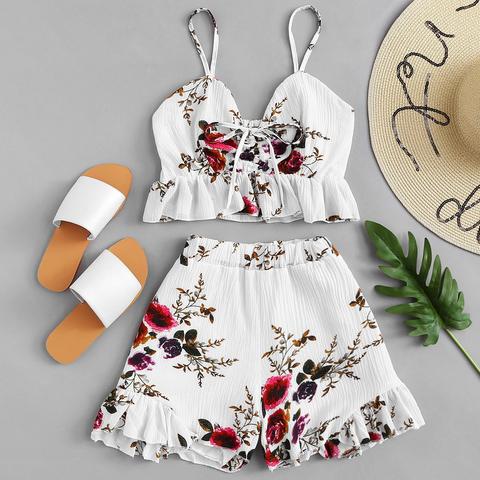 Drawstring Front Floral Print Ruffle Cami Top With Shorts