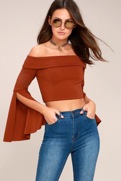 Frida Rust Red Long Sleeve Off-the-shoulder Crop Top