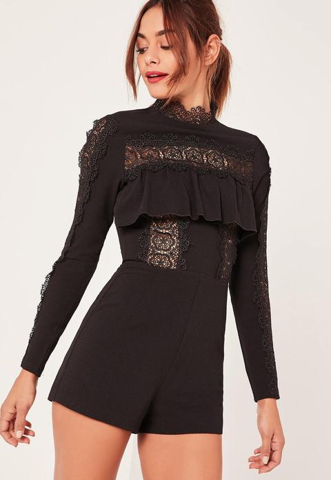 Black Lace Insert High Neck Playsuit