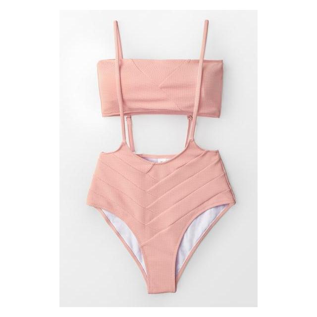 Peach Bandeau With High-waist Suspender Bikini from Cupshe on 21 Buttons