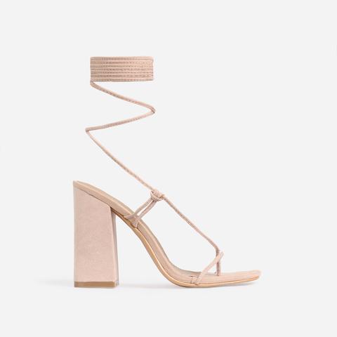 Honey Square Toe Lace Up Block Heel In Nude Faux Suede, Nude