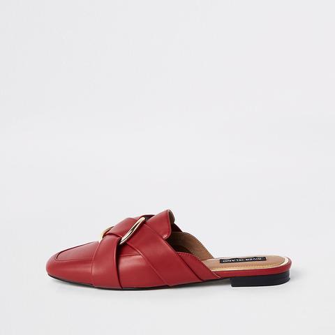 red backless loafers