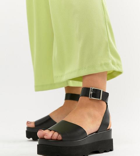 Asos Design Wide Fit Temple Leather Flatform Sandals - Black Leather