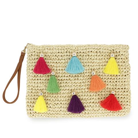 Bolso De Mujer En Rafia Natural Con Borlas Multicolor Tursi