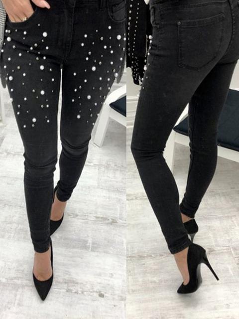 Jeans Lunghi Perle A Mosaico Bordate A Vita Alta Casuale Nere