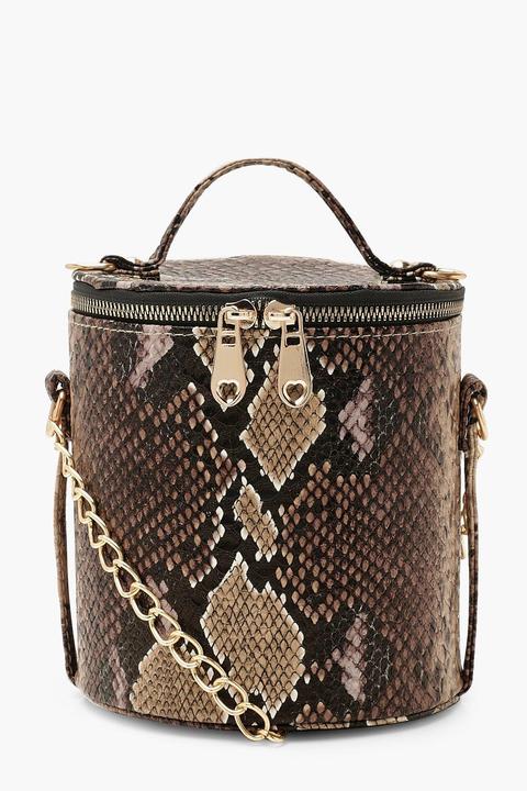 Womens Faux Snake Cylinder Handle Cross Body Bag - Brown