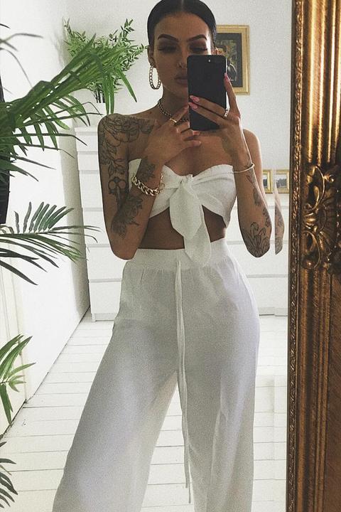 White Tie Front Bandeau Wide Leg 
