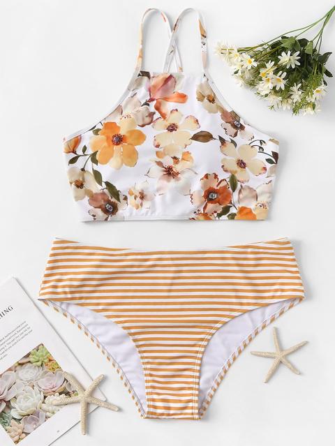 Set Bikini A Righe Con Strisce Floreali