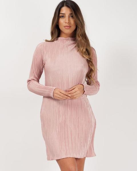 Marnie Plisse High Neck Mini Dress In Rose Gold