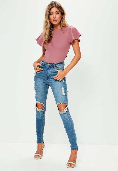 Pink Flared Sleeve Lace Up Back Bodysuit