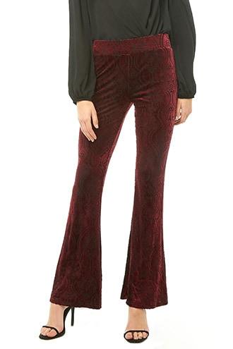 Forever 21 Brocade Velvet Burnout Flare Pants , Black/ruby