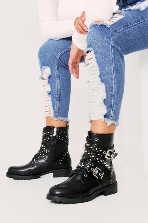 Pu Multi Stud/strap Biker Boot