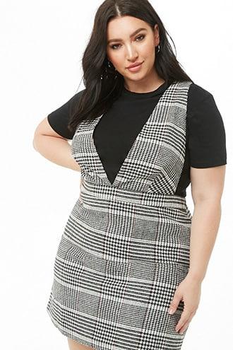 Forever 21 Plus Size Houndstooth Pattern Pinafore Dress Black/white