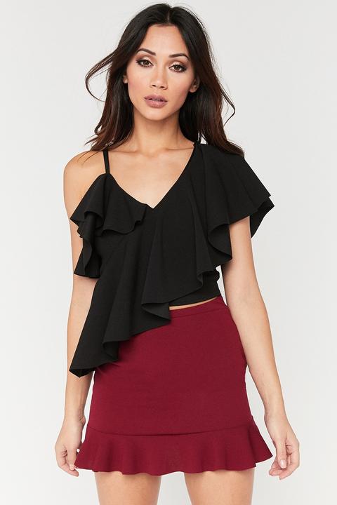 Maya Black One Shoulder Frill Top