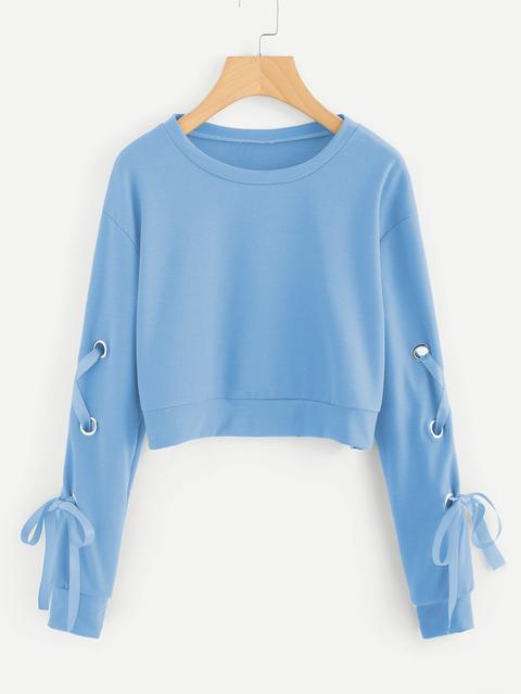 Eyelet Lace Up Sleeve Crop Sweatshirt