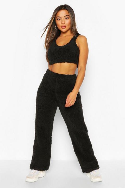 Womens Petite Fluffy Knit Wide Leg Trouser - Black - 4, Black