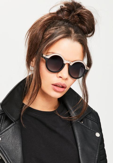 Black Half Metal Round Sunglasses