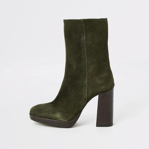 Khaki Suede Platform Heel Boots