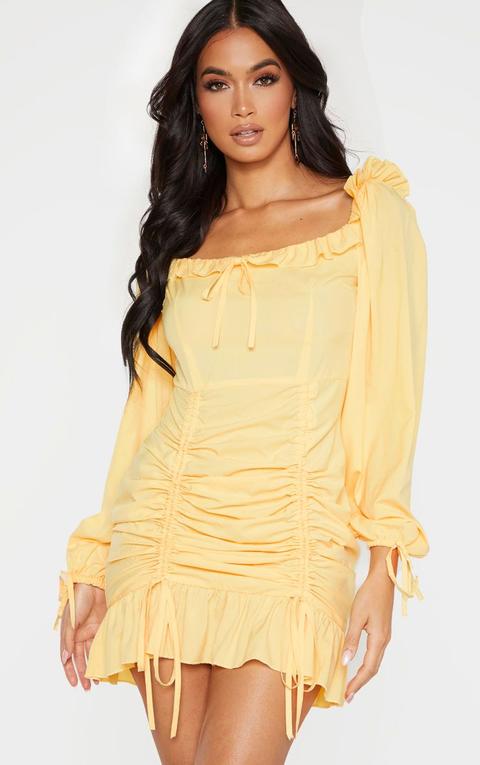 Lemon Balloon Sleeve Ruched Frill Bodycon Dress