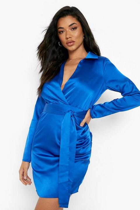 Womens Satin Wrap Detail Dress - Blue - 6, Blue