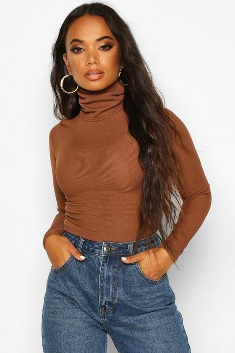 Womens Petite Rib Long Sleeved Roll/polo Neck Top - Brown - 12, Brown