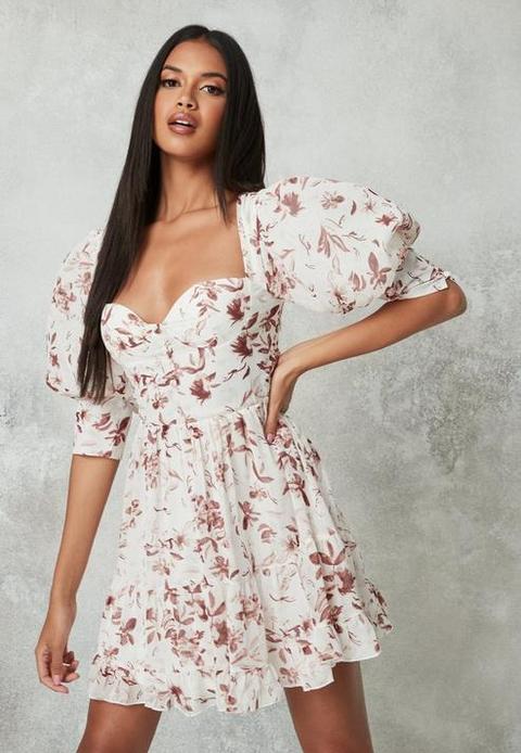 Cream Floral Print Puff Sleeve Milkmaid Dress, Cream