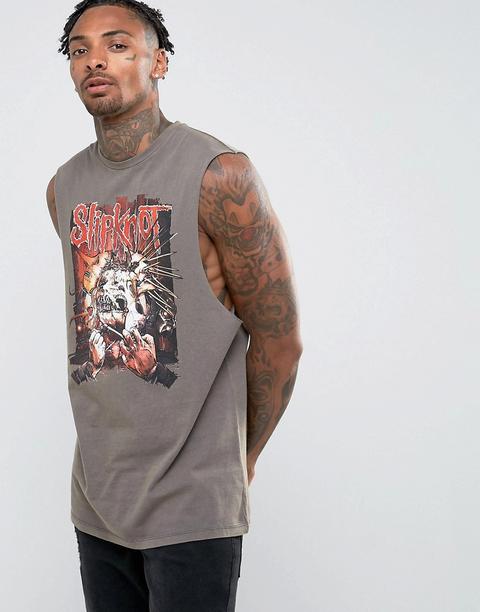 Asos - T-shirt Lunga Senza Maniche Lavaggio Acido Con Stampa Del Gruppo Musicale Slipknot - Grigio