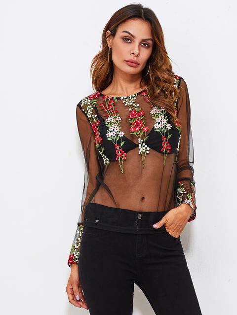 Botanical Embroidery Mesh Transparent Top