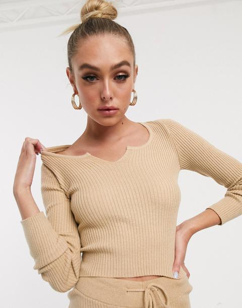 Asos Design Rib Knit Co-ord Top With Notch Neck Detail-stone