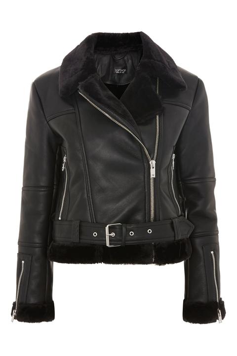 Womens Faux Shearling Cropped Biker Jacket - Black, Black