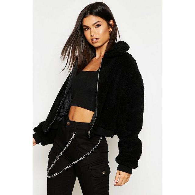 crop faux teddy fur bomber jacket