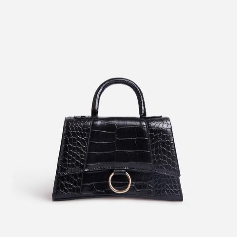 Georgie Ring Detail Tote Bag In Black Croc Print Patent,, Black