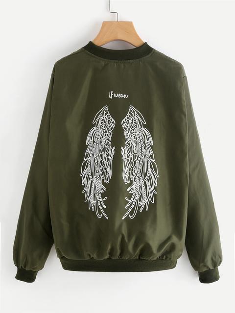Wing Print Back Zip Up Jacket