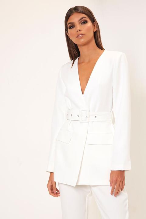 White Plunge Belted Blazer