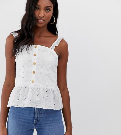 Parisian Tall - Top In Pizzo Sangallo Con Spalline Sottili E Bottoni - Bianco
