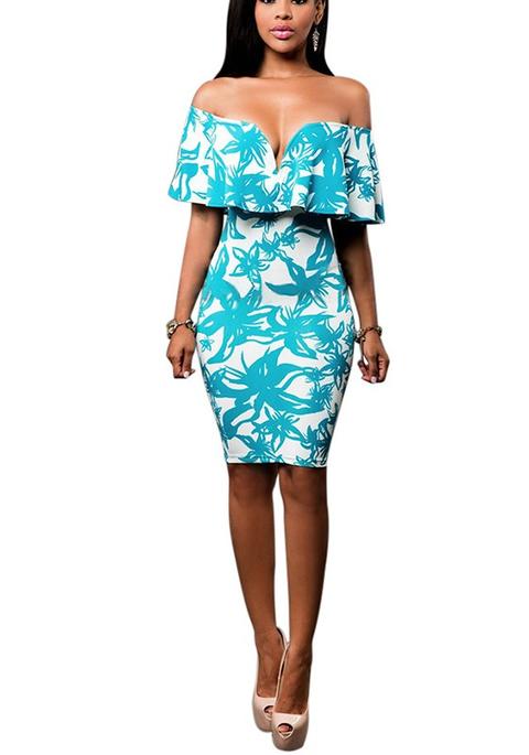 Vestito Midi Stampa Increspata Floreale Spalla Bianca