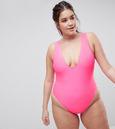 Asos Design Curve High Leg Plunge Swimsuit - Rosa