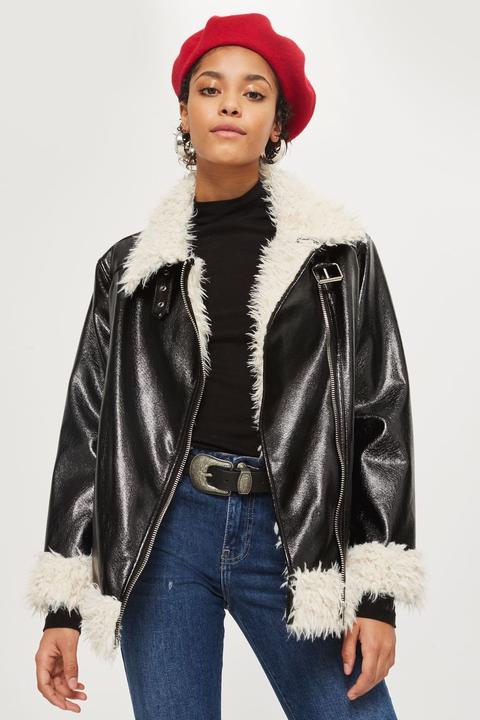 Womens Faux Fur Lined Vinyl Biker Jacket - Black, Black