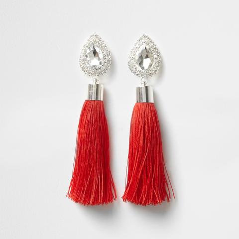 Red Teardrop Tassel Drop Earrings