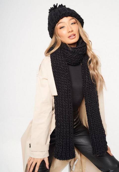 Black Chunky Knitted Scarf And Hat Set, Black