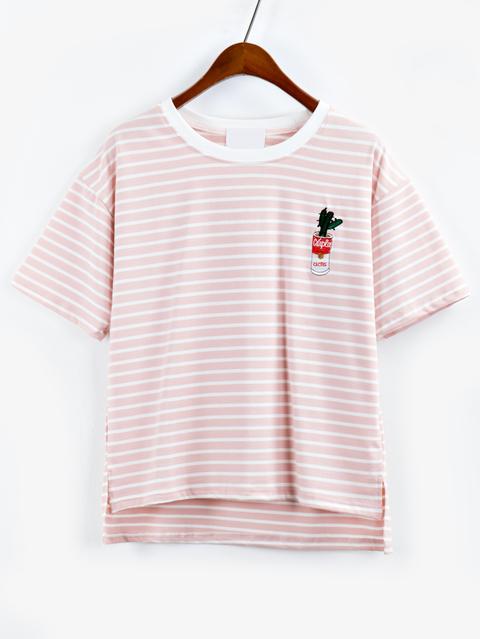 Cactus Embroidered Striped High-low T-shirt - Pink