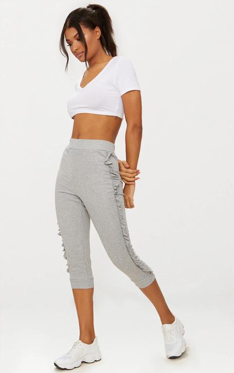 Grey Marl Cropped Side Frill Joggers, Grey