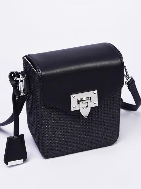 Black Faux Leather And Woven Cross Body Bag