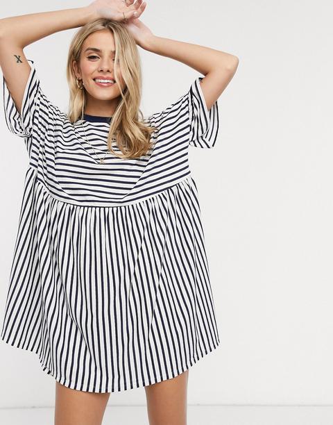 Asos Design Oversized Smock T-shirt Dress In Navy And White Stripe-multi