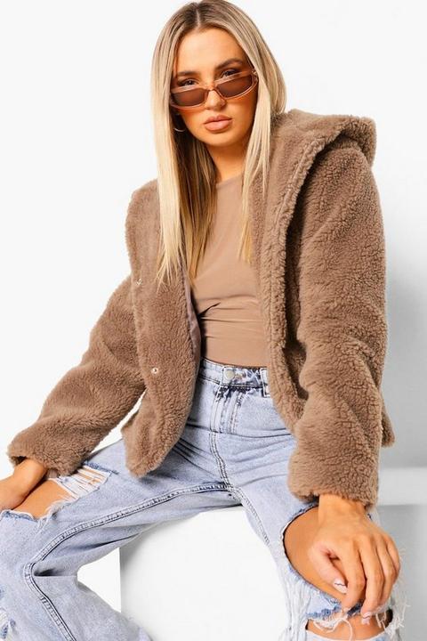 Womens Hooded Teddy Faux Fur Coat - Beige - 8, Beige