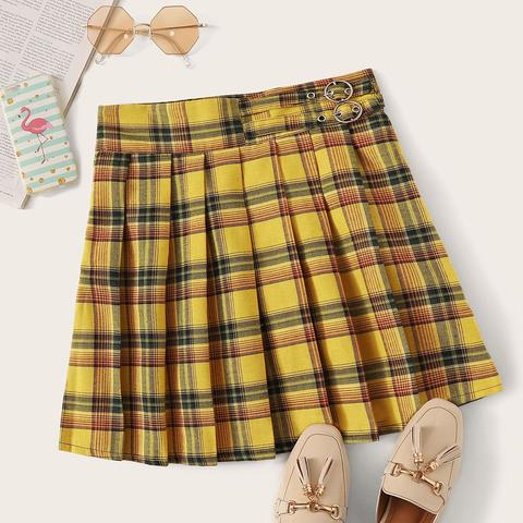 Plaid Pleated Eyelet Tape Skirt