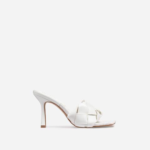 Turntup Woven Square Peep Toe Mule In White Faux Leather, White